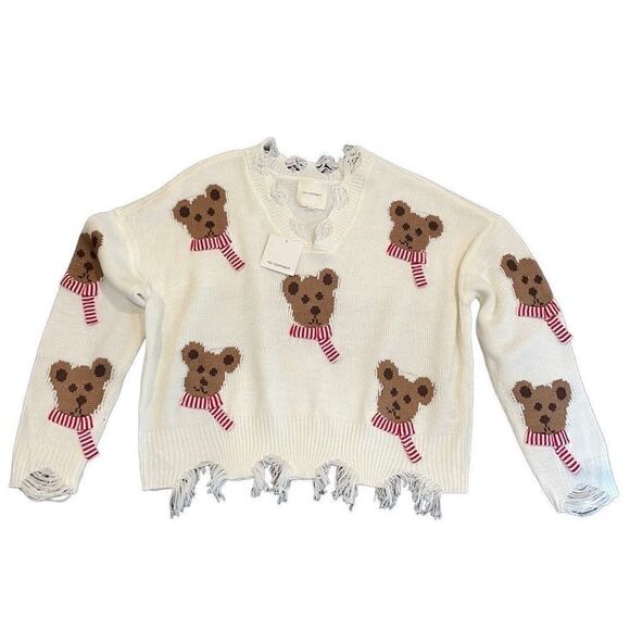 No Comment Frayed Bear Scarf Sweater Size M New - Picture 2 of 8